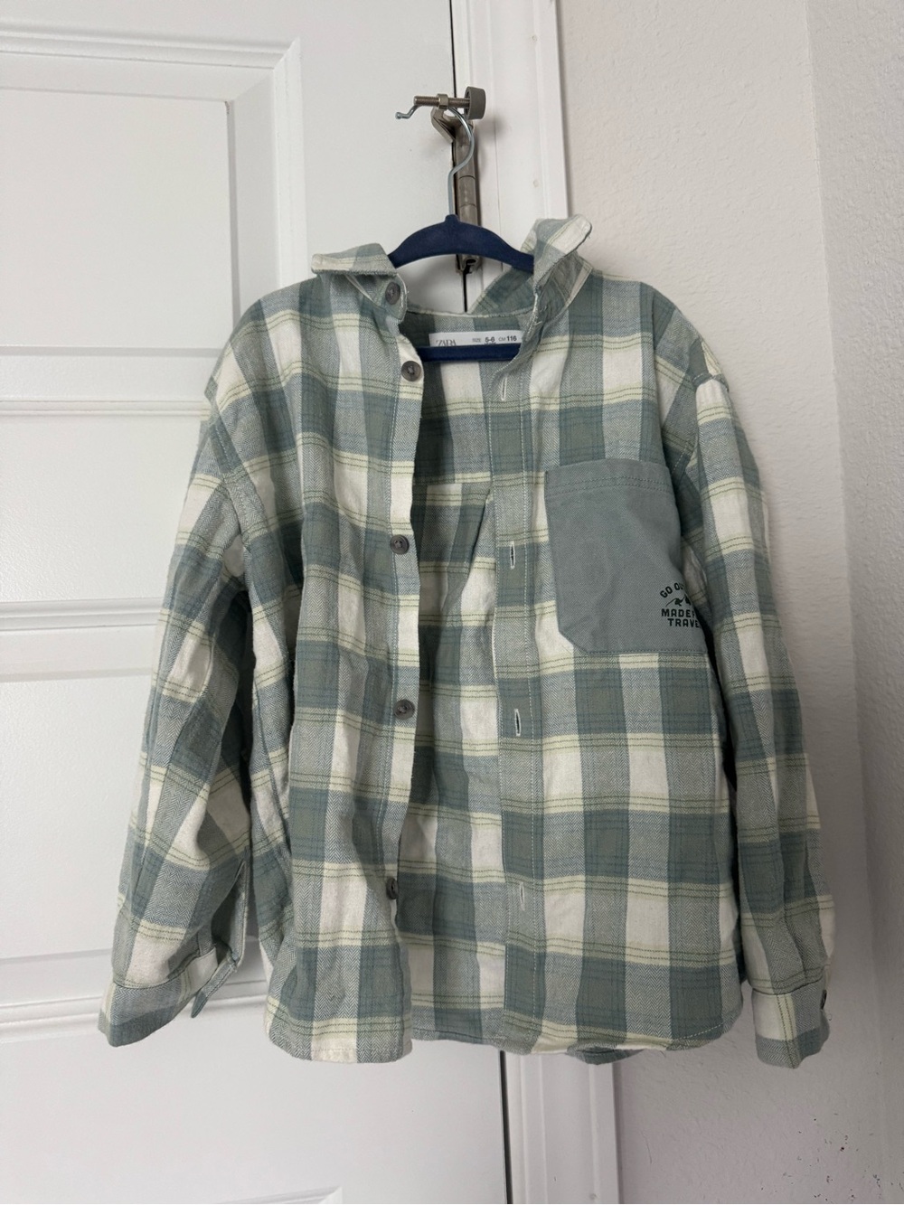 Zara Kids Plaid Button-Down Shirt Jacket - Sage Green & Cream